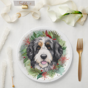 Assiettes En Carton Bernedoodle Christmas Wreath Festive Pup