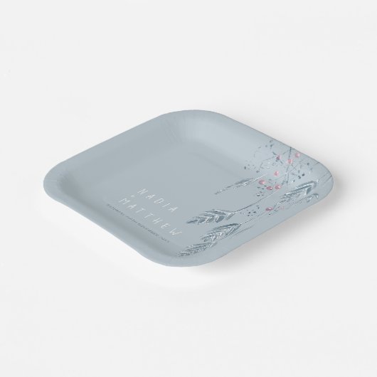 Assiettes En Carton Berries à herbes croisées mariage bleu poussiéreux (Angulaire)