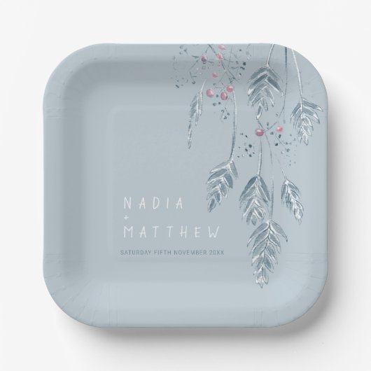 Assiettes En Carton Berries à herbes croisées mariage bleu poussiéreux (Recto)