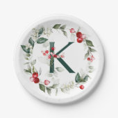 Assiettes En Carton Berries d'hiver Monogramme K Plaque de papier (Devant)