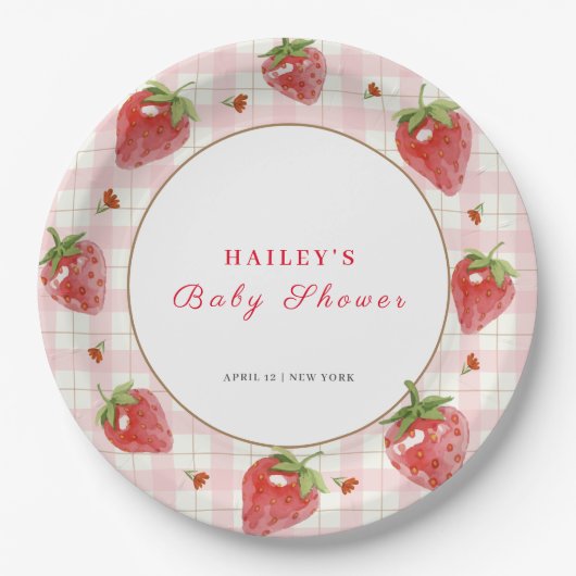 Assiettes En Carton Berry aux fraises roses En vichy Baby shower sucré (Devant)