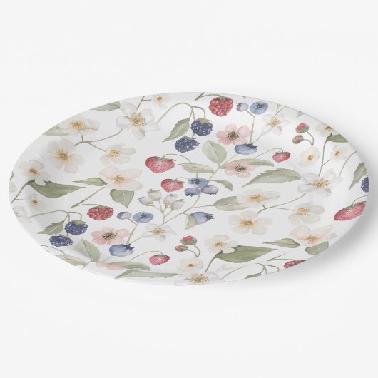 Assiettes En Carton Berry Baby shower doux Fleurs et baies sauvages (Angle)
