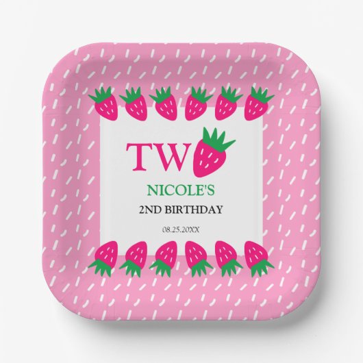 Assiettes En Carton Berry doux aux fraises roses 2e anniversaire (Recto)