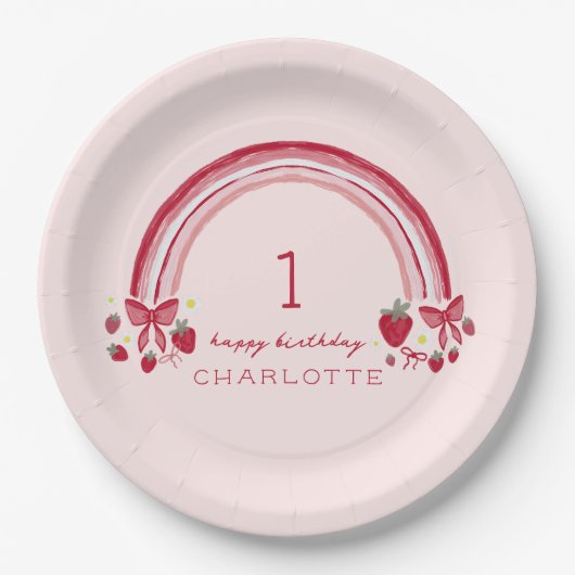 Assiettes En Carton Berry First Birday Rainbow Strawberry Bows (Devant)