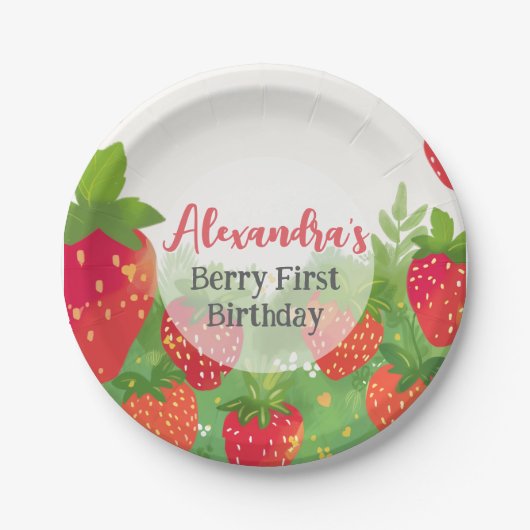Assiettes En Carton Berry First Birthday Girls Strawberry Personnalisé (Devant)