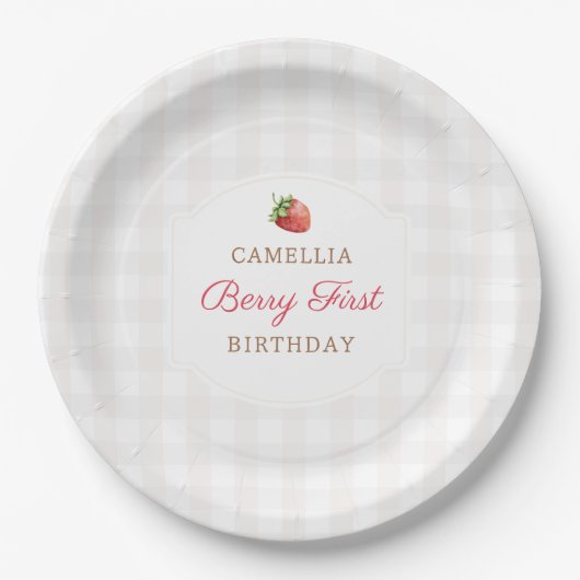 Assiettes En Carton Berry First Strawberry En vichy fête d'anniversair (Devant)