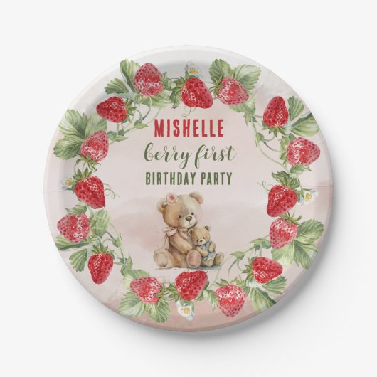 Assiettes En Carton Berry First Strawberry et Bear Anniversaire (Devant)