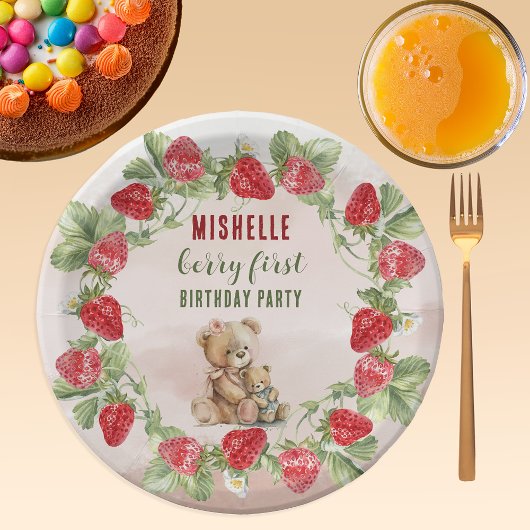 Assiettes En Carton Berry First Strawberry et Bear Anniversaire