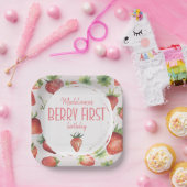 Assiettes En Carton Berry fraise Premier Carré d'anniversaire (Fête)