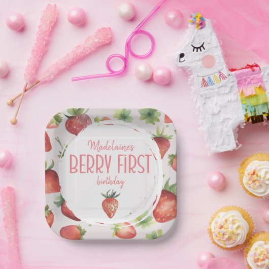 Assiettes En Carton Berry fraise Premier Carré d'anniversaire (Fête)