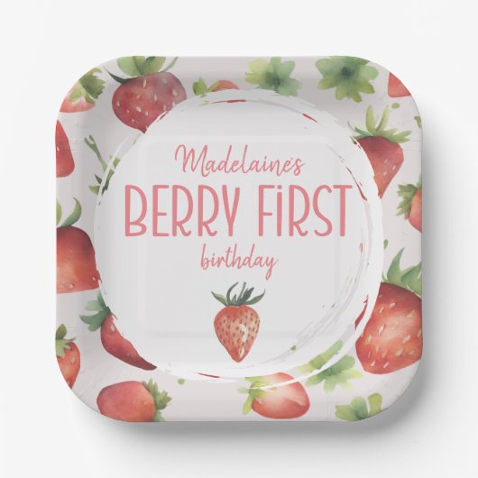 Assiettes En Carton Berry fraise Premier Carré d'anniversaire (Recto)