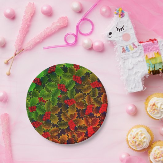 Assiettes En Carton Berry Holly et feuille brillant hiver rouge vert (Fête)