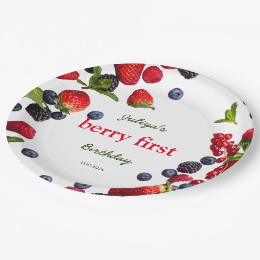 Assiettes En Carton Berry Photo du premier anniversaire (Angle)