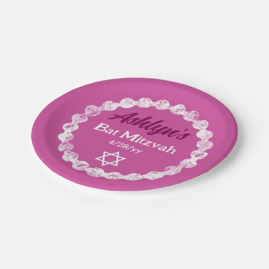 Assiettes En Carton Berry Pink, White Bat Mitzvah Parti personnalisé (Angle)
