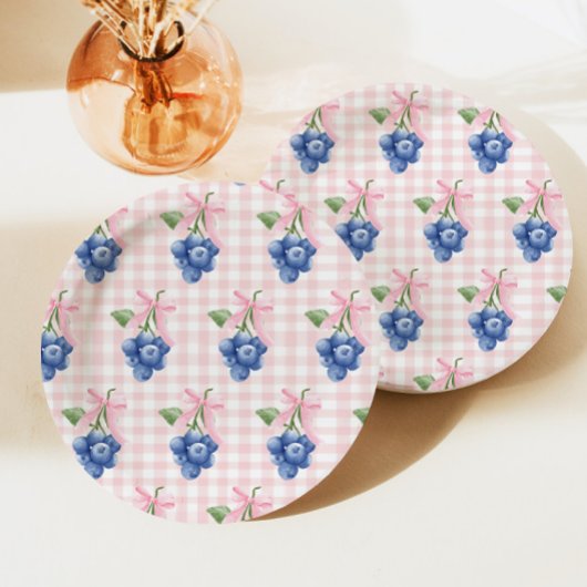 Assiettes En Carton Berry Sweet bleu 1er anniversaire En vichy rose