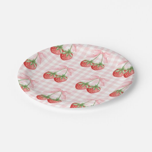 Assiettes En Carton Berry Sweet fraise anniversaire En vichy rose (Angle)