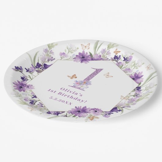 Assiettes En Carton Beurre violet fleur sauvage 1er anniversaire (Angle)