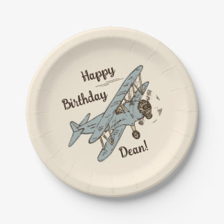 Assiettes En Carton Bi-plans Art Déco - bleu Joyeux Anniversaire + nom