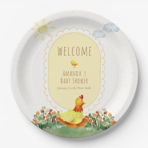 Assiettes En Carton Bienvenue à la Baby Shower Coq Gingham Jaune 
