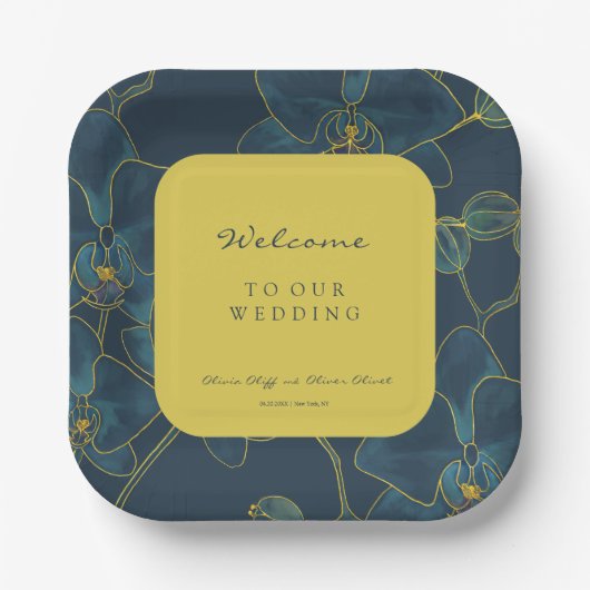 Assiettes En Carton Bienvenue au Mariage d'orchidée bleu doux (Recto)