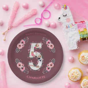 Assiettes En Carton Big 5th Birthday Girl Photo Collage Fleur rose