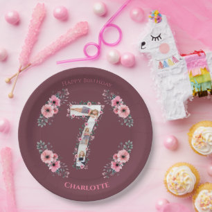 Assiettes En Carton Big 7th Birthday Girl Photo Collage Fleur rose