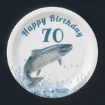 Assiettes En Carton Big Fish In Water 70th Birthday Party Plaque papie<br><div class="desc">Un grand poisson saumon sautant de l'eau bleue éclaboussante pour la fête du 70e anniversaire. L'âge peut être modifié ou supprimé.</div>