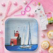 Assiettes En Carton Big Red Michigan Lighthouse and Sailboat (Fête)