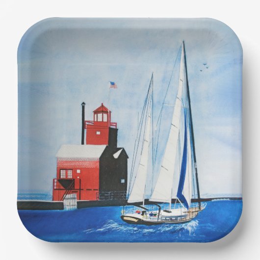 Assiettes En Carton Big Red Michigan Lighthouse and Sailboat (Recto)