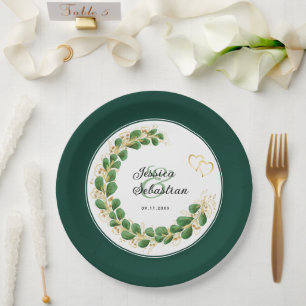 Assiettes En Carton Bijoux ton Emerald Vert & or Eucalyptus Mariage