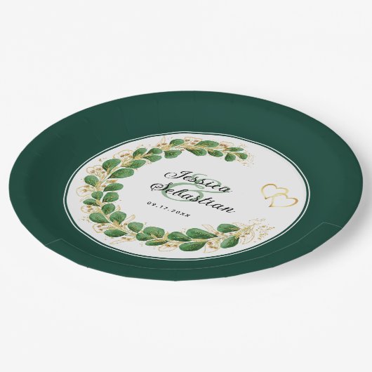 Assiettes En Carton Bijoux ton Emerald Vert & or Eucalyptus Mariage (Angle)