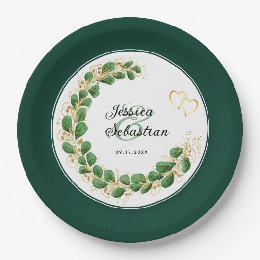 Assiettes En Carton Bijoux ton Emerald Vert & or Eucalyptus Mariage (Devant)