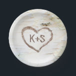 Assiettes En Carton Birch Tree Heart Rustic Mariage<br><div class="desc">Bois rustique à bouleau à coeur sculpté grange mariage plaques en papier</div>