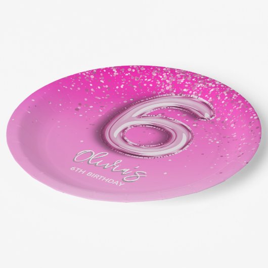 Assiettes En Carton Birthday Girl 6th - with Pink Ballon Number (Angle)