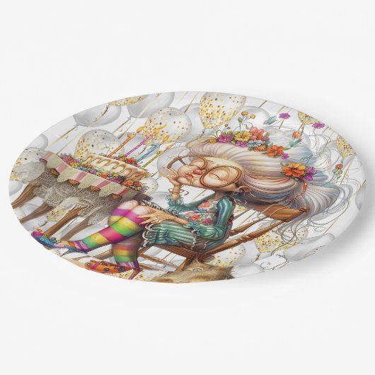 Assiettes En Carton Birthday Granny With Party Balloons (Angle)