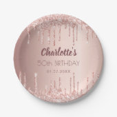 Assiettes En Carton Birthday party rose gold blush glitter drips name (Devant)