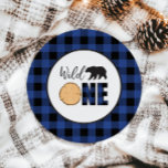 Assiettes En Carton Bison bleu Ours sauvage Plaid Premier anniversaire<br><div class="desc">Wild Un premier anniversaire avec l'ours noir et les assiettes de fête de buffle bleu.</div>