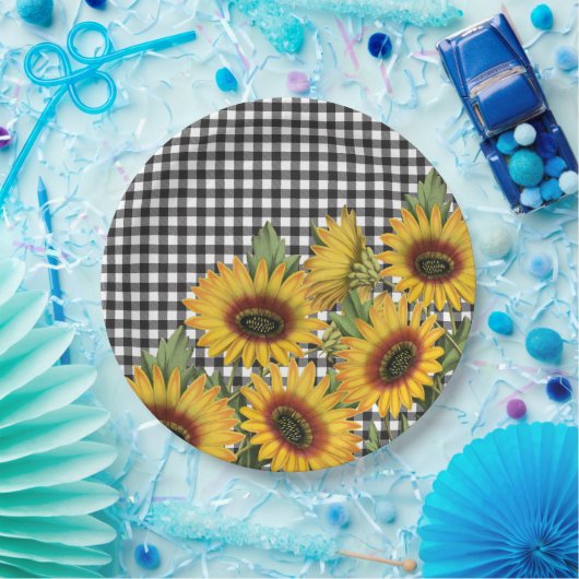 Assiettes En Carton Bison noir et blanc Plaid Tournesols jaunes (Fête)