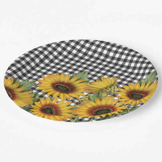 Assiettes En Carton Bison noir et blanc Plaid Tournesols jaunes  (Angle)