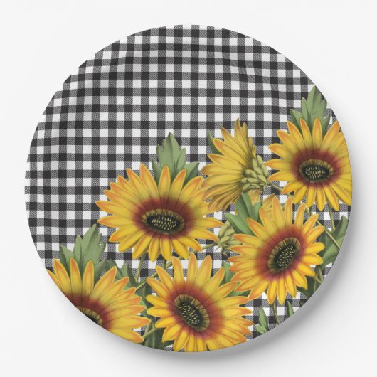 Assiettes En Carton Bison noir et blanc Plaid Tournesols jaunes  (Devant)