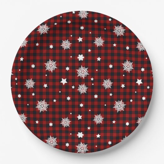 Assiettes En Carton Bison noir rouge Plaid Snowflake hiver Noël (Devant)