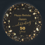 Assiettes En Carton Black and Gold 50th Birthday Parties scintillant S<br><div class="desc">Design élégant noir et or 50ème anniversaire avec étoiles dorées brillantes. Parfait pour lui ou pour elle. Joyeux anniversaire ! Coordonner avec les fournitures de fête trouvées dans les collections "Cheers and Beers" et "Cheers for the Years". Il est facile de personnaliser ce modèle pour toute célébration d'anniversaire marquant. Il...</div>
