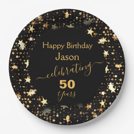 Assiettes En Carton Black and Gold 50th Birthday Parties scintillant S (Devant)