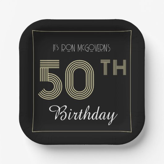 Assiettes En Carton Black and Gold 50th Birthday Retro Stripe Print (Recto)