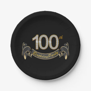 Assiettes En Carton Black and Gold Diamond 100e fête d'anniversaire