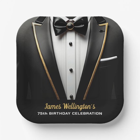 Assiettes En Carton Black and Gold Tuxedo Birthday Event (Recto)