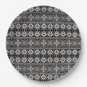 Assiettes En Carton Black and White Christmas Fair Isle Motif