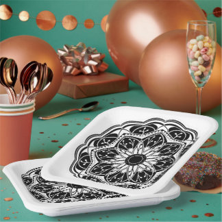 Assiettes En Carton Black and white floral mandala square