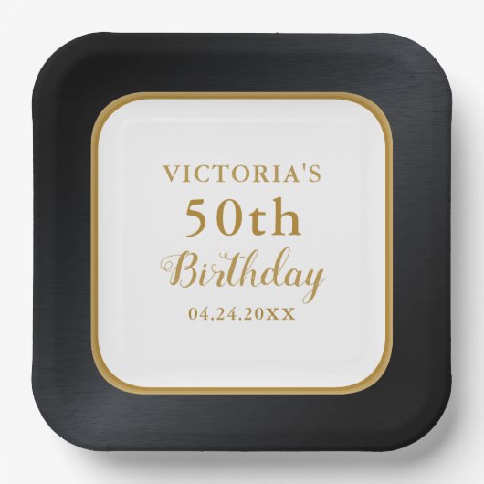 Assiettes En Carton Black Blanc personnalisé Gold 50e anniversaire (Recto)