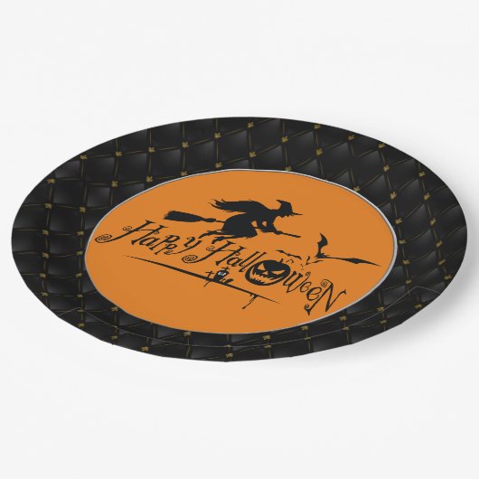 Assiettes En Carton Black Boarder Happy Halloween sorcière et chauves- (Angle)